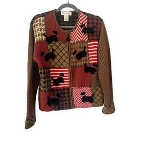 Susan Bristol Scottie Dog Cardigan M Patchwork Sweater Hand Embroidered
